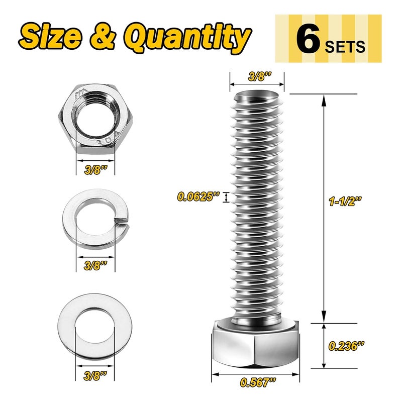 MYWISH (6 Sets) 3/8-16x1-1/2 Hex Head Assorted Screws Nuts and Bolts with Flat & Lock Washers, 304 Stainless Steel 18-8, Fully Threaded, 3/8 Bolt Metric Bolt Assortment - Image 2